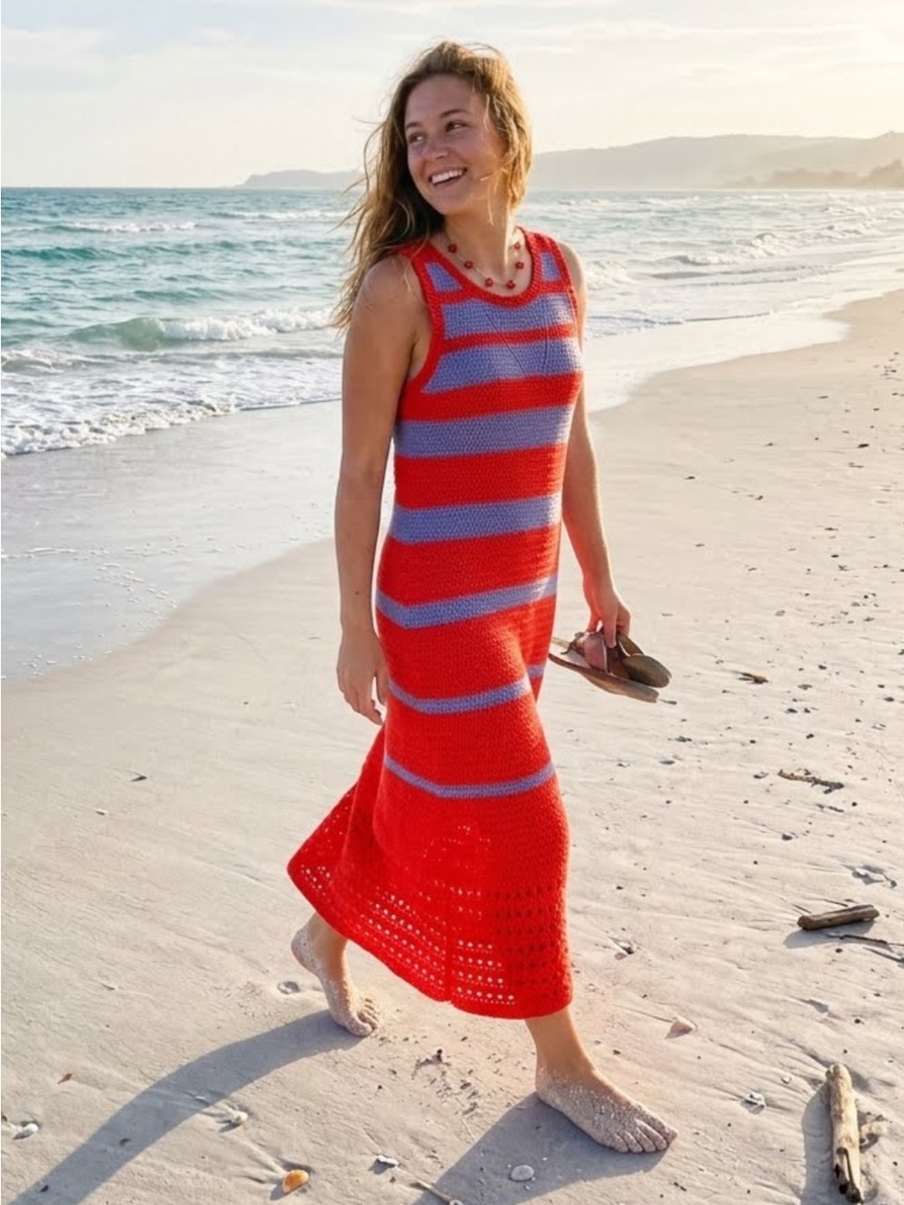 Scoop Cotton Crochet Red and Lavender Striped Knit Maxi Dress Size Large
